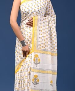 White & Yellow Bagru Print Handwoven Silk Saree
