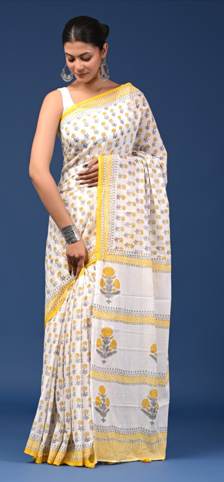 White & Yellow Bagru Print Handwoven Silk Saree