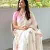 White Linen Saree with Floral Print & Lace Border