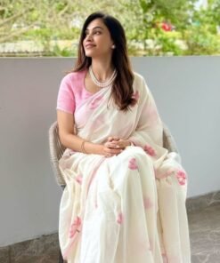 White Linen Saree with Floral Print & Lace Border